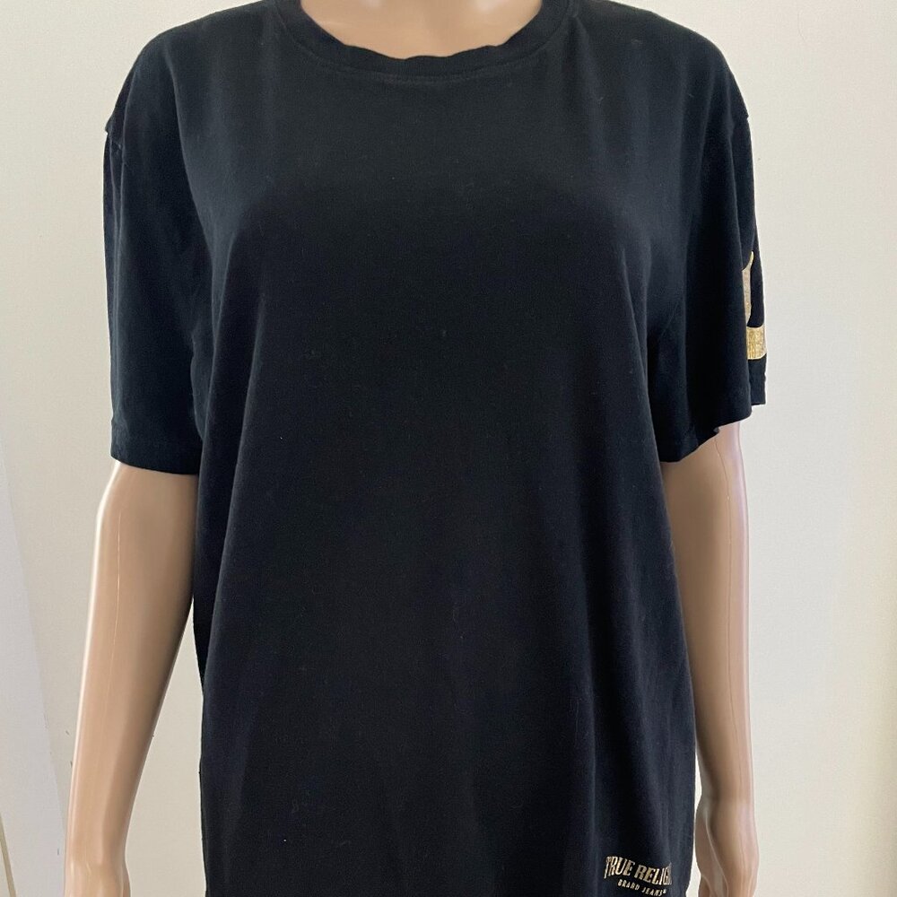 True Religion Gold Metallic Logo Black 100% Cotton T-Shirts Size Large